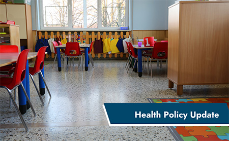 Elementary school classroom, ASTHO Health Policy Update banner in lower right