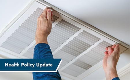 A home air filter being changed. ASTHO Health Policy Update banner in lower right