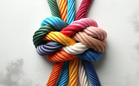 A complicated knot made of multi-colored ropes